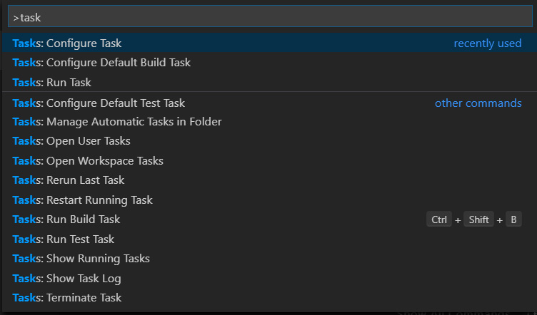 Figure 1.4 – Command Palette showing the Tasks option
