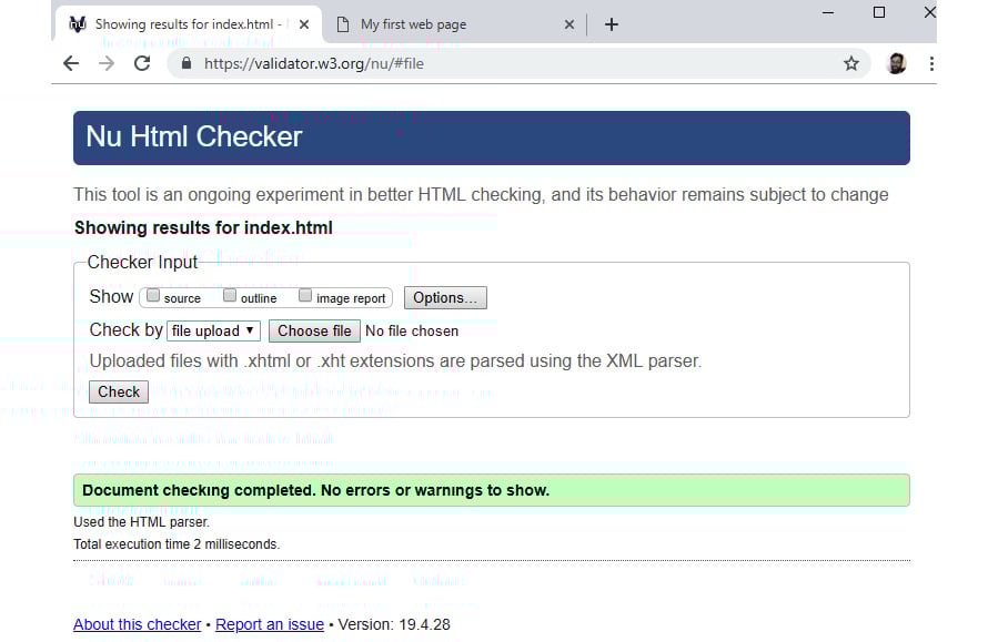 Figure 1.15: W3C's Markup Validation Service results page with no errors