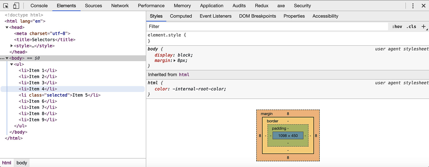 Figure 1.33: Chrome developer tools (Elements tab)