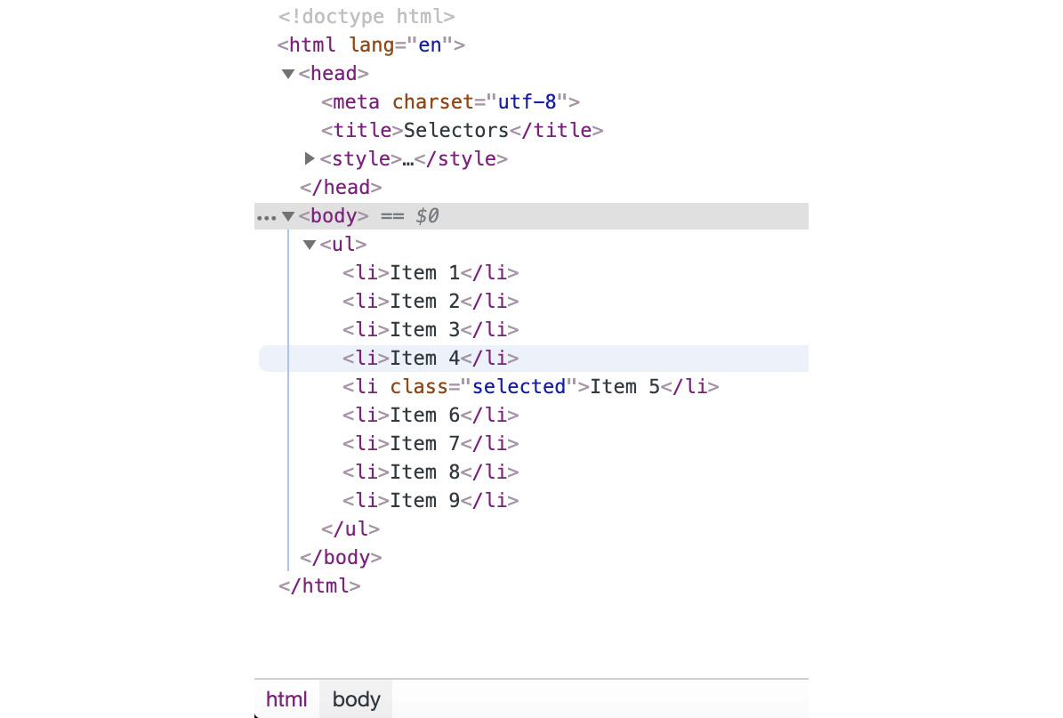 Figure 1.35: Selectable HTML DOM in the left-hand panel of the Elements tab
