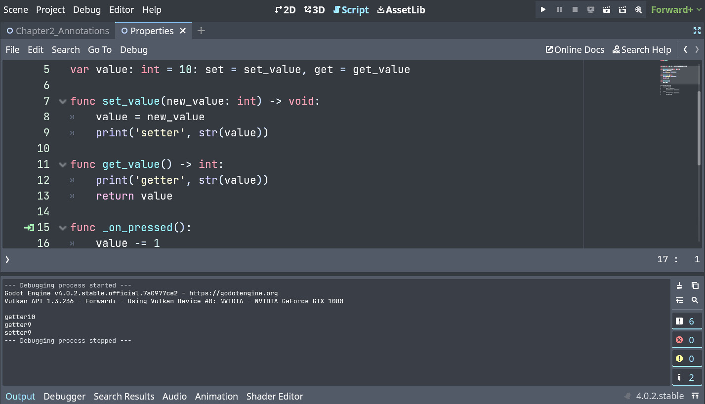 Figure 2.3 – The GDScript and console output results
