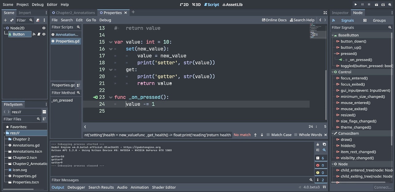 Figure 2.4 – The GDScript and console output results
