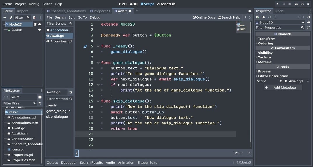 Figure 2.5 – GDScript for steps 3 to 5 (the code for Await.gd)
