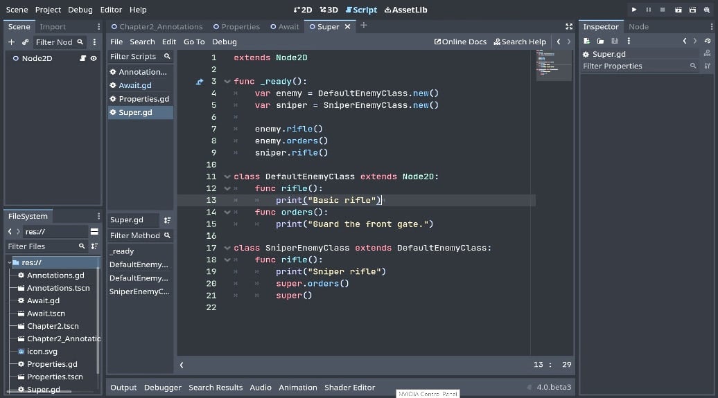 Figure 2.6 – super keyword code (GDScript for steps 2–4)
