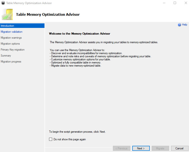 Figure 1.6: The Table Memory Optimization Advisor dialogue