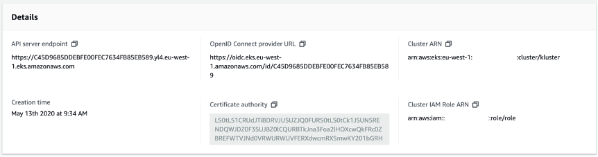 Figure 2.4 – The UI console showing details of a Kubernetes cluster provisioned on Amazon EKS