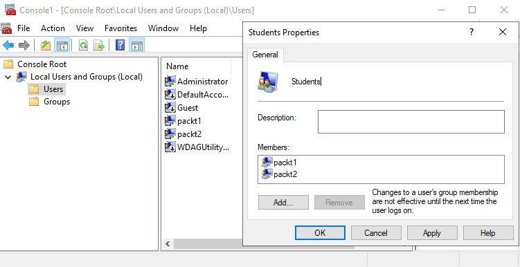 Figure 10.6 – The packt1 and packt2 users were created, and added to the group created by our PowerShell script