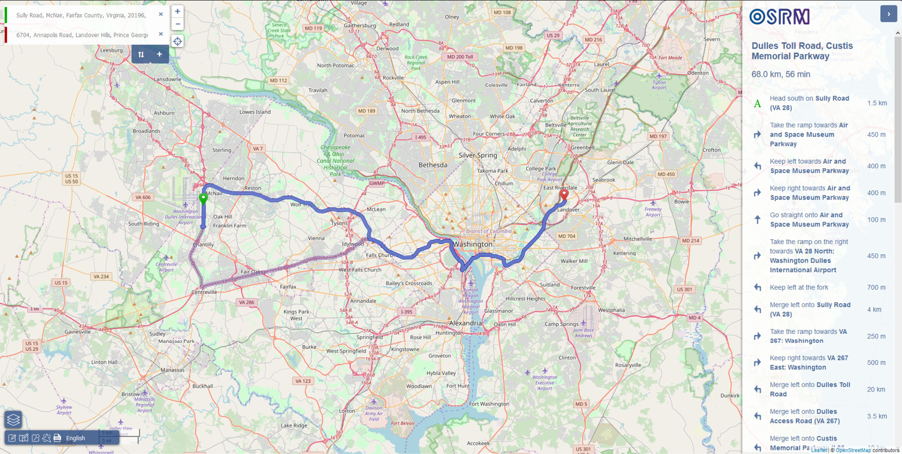Figure 5.1: A route from an airport to an office in Washington DC (Source: project-osrm.org)