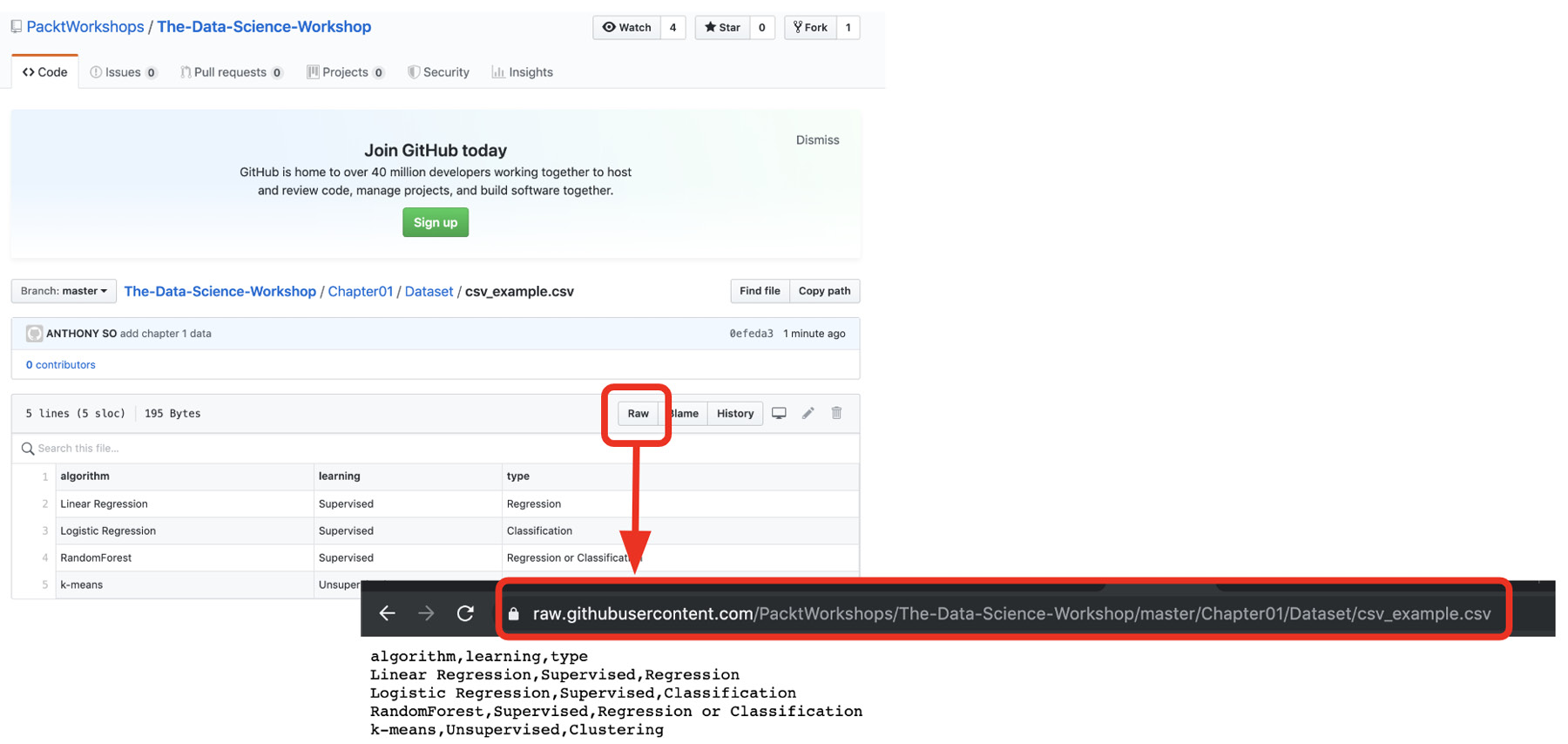 Figure 1.30: Getting the URL of a raw dataset on GitHub