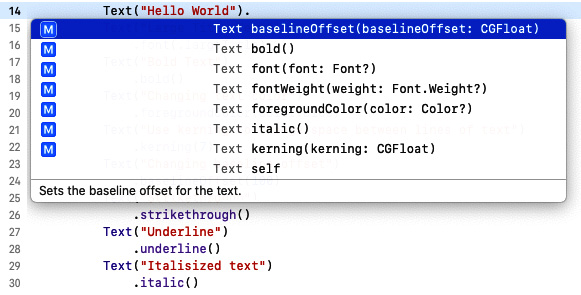 Figure 1.5 – Using Xcode autocomplete to view formatting options