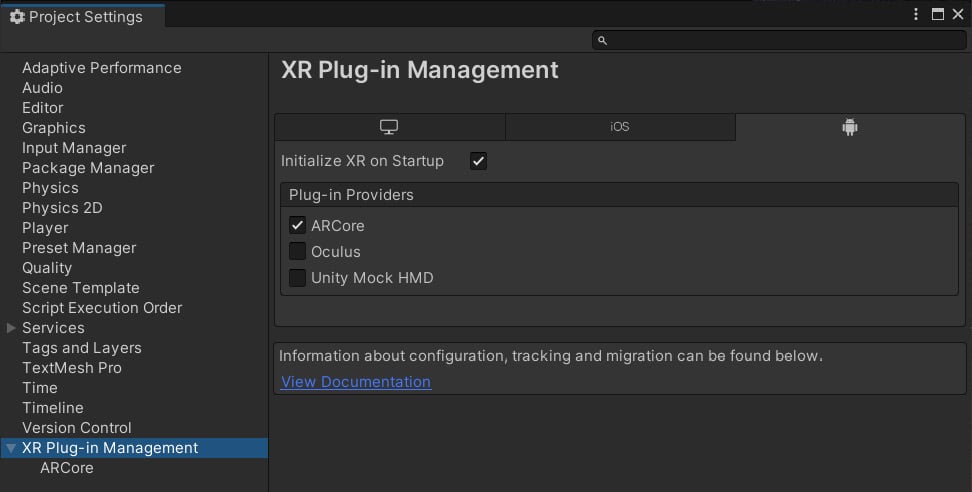 Figure 1.9 – XR Plug-in Management window with the ARCore plugin selected
