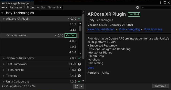 Figure 1.10 – Package Manager with the ARCore XR plugin installed in this project
