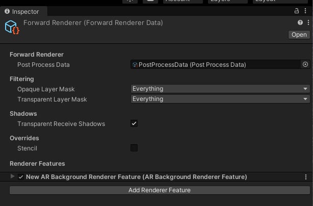 Figure 1.12 – ForwardRenderer data asset with the AR Background Renderer Feature added
