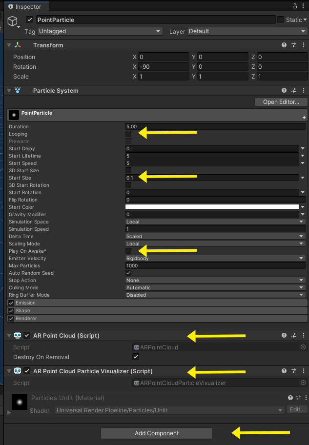 Figure 1.16 – Inspector view of our PointParticle prefab with the settings we're using highlighted
