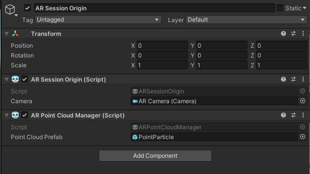 Figure 1.17 – Session Origin with a Point Cloud Manager component populated with the PointParticle prefab