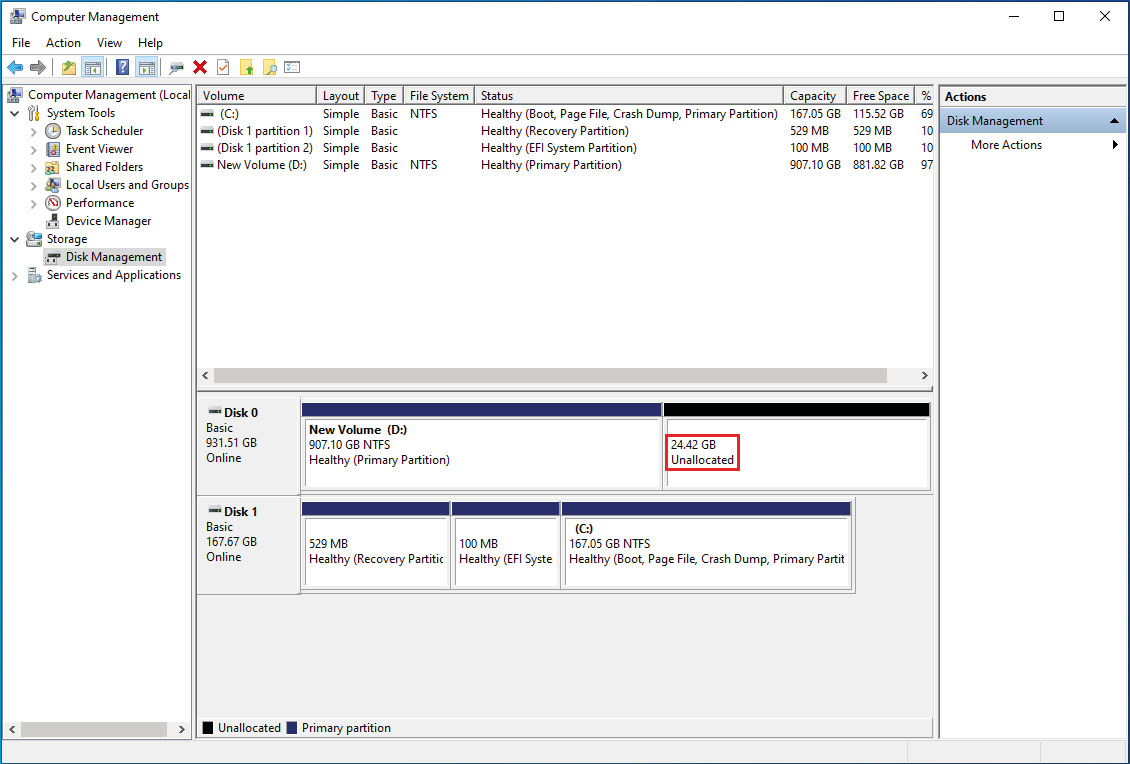Figure 0.7: Unallocated space after shrinking the volume