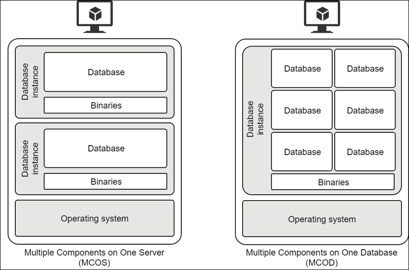 Left: Virtual machine shared for two database instances with separate database and binaries.
Right: virtual machine shared for single database with multiple databases and binaries.