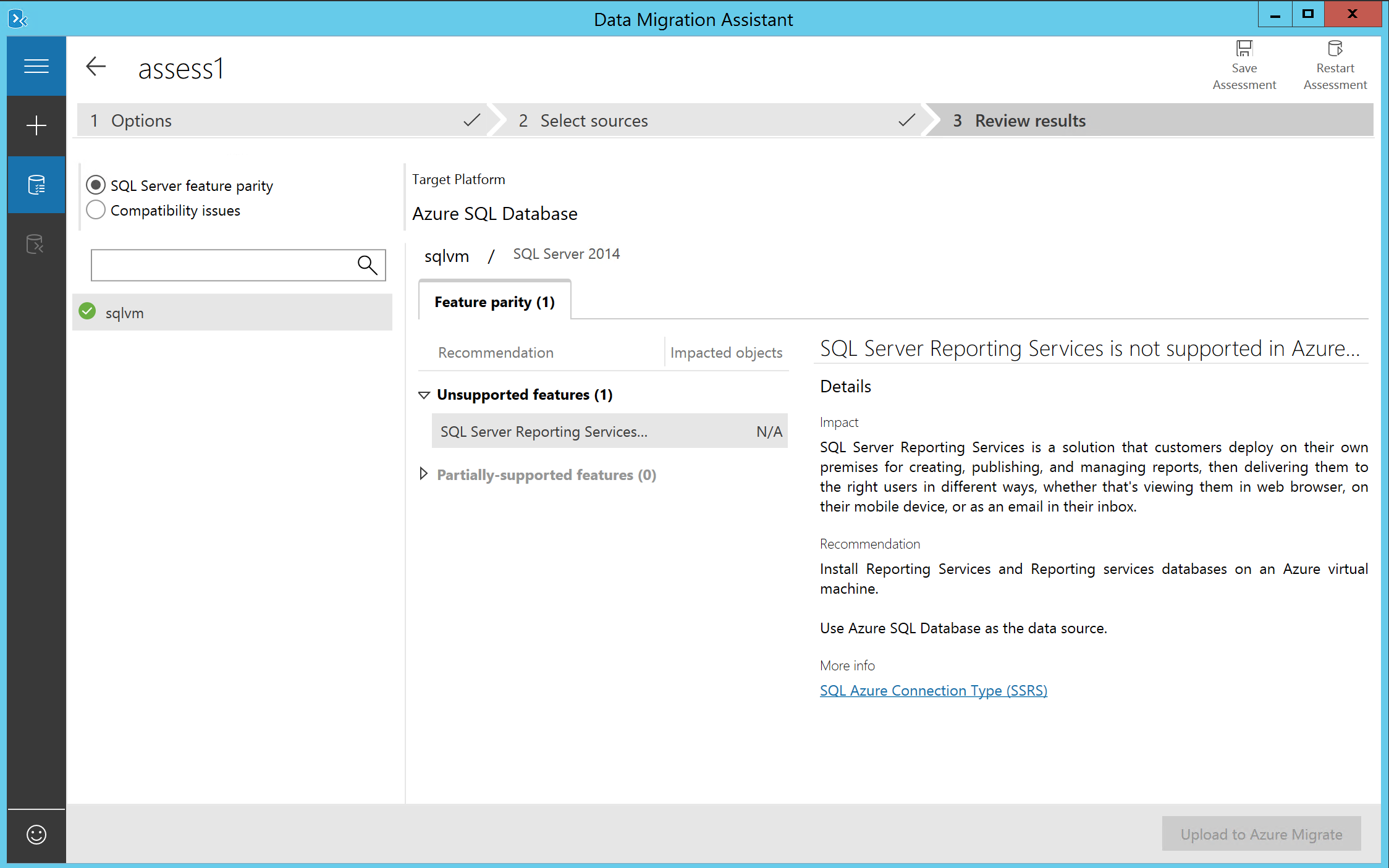 Shows data migration assistant tool result step, highlighting the source SQL server compatibility and feature comparison with Azure SQL