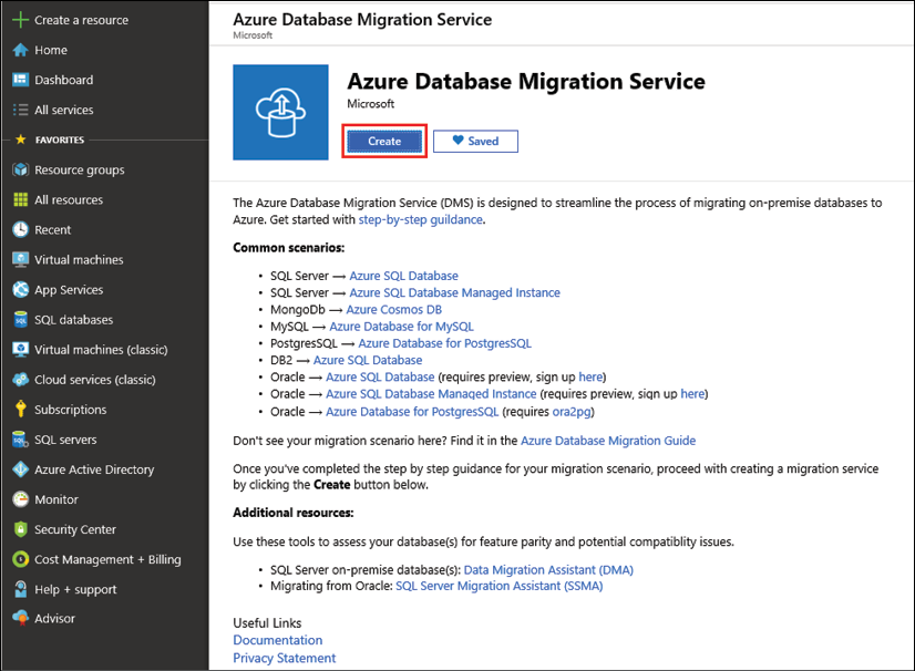 Screenshot from the Azure Portal, on how to create the Azure Database Migration Service resource