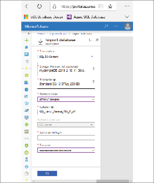 Azure Portal screenshot, where you define the parameters for importing a SQL Server database bacpac file