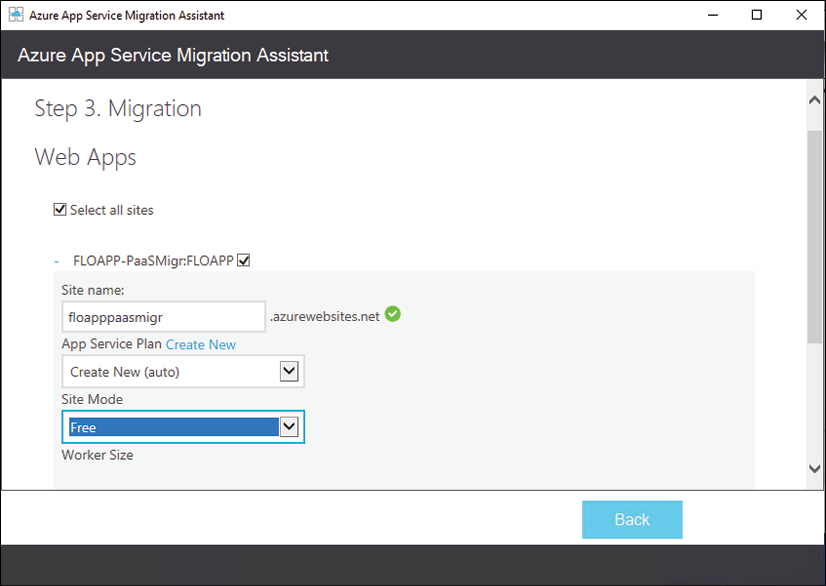 Screenshot of the Azure App Service Migration Assistant, where you specify the source web application you want to migrate to Azure Web Apps