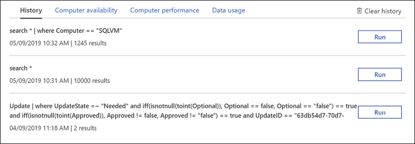 Azure Log Analytics query configuration snap-in in the Azure Portal, showing example queries to retrieve information from Log Analytics