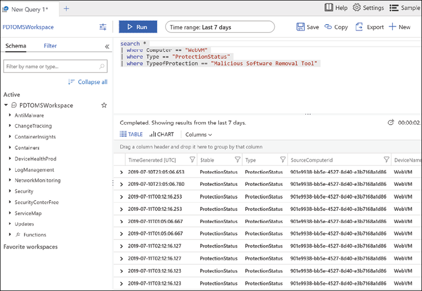 Azure Log Analytics query configuration snap-in in the Azure Portal, showing example queries to retrieve information from Log Analytics