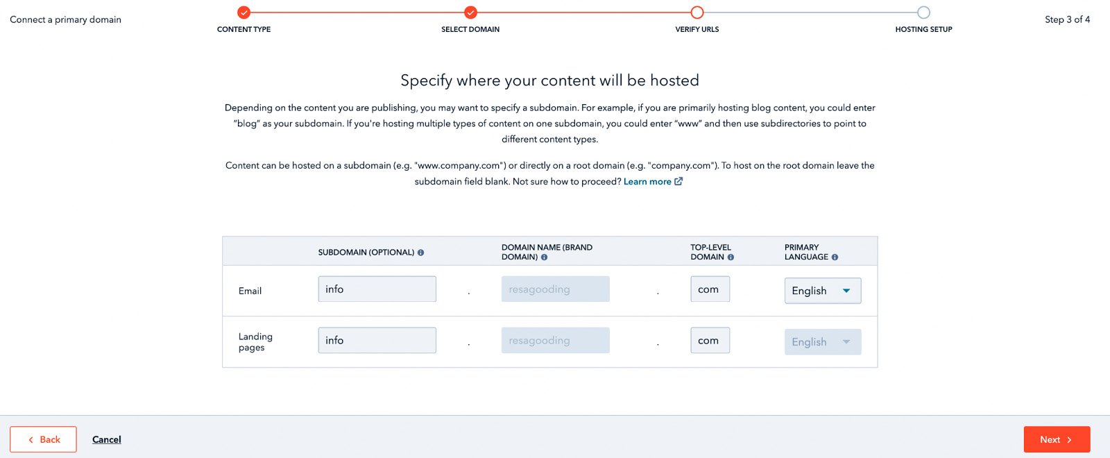 Figure 1.10 – Entering information for your subdomain
