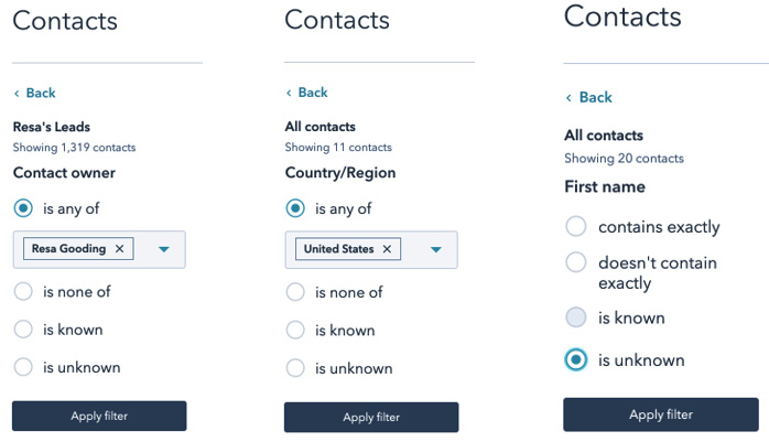 Figure 1.29 – Various filters created in Contacts
