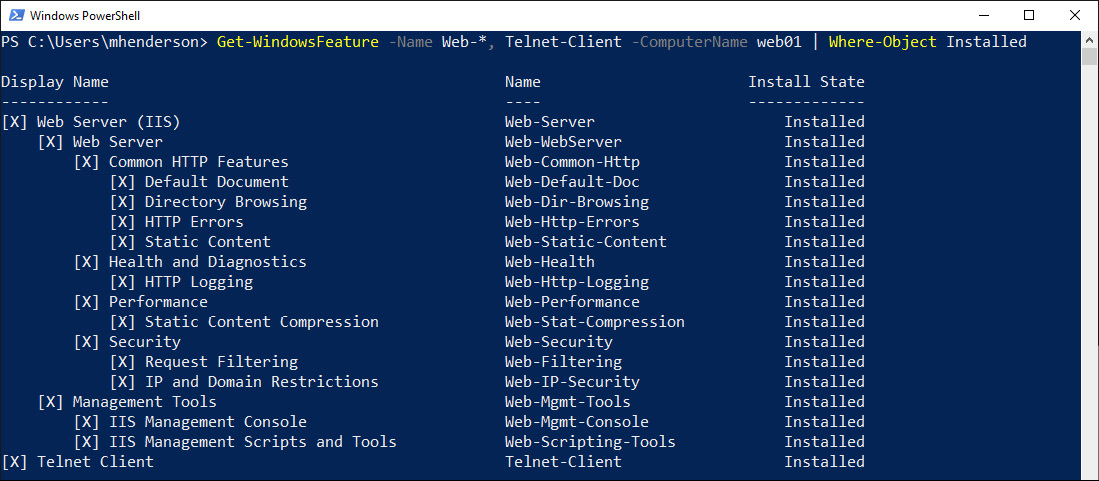 Figure 1.21 – Using Get-WindowsFeature in PowerShell
