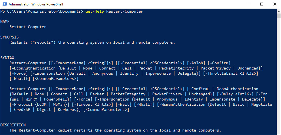 Figure 1.37 – Running Get-Help Restart-Computer
