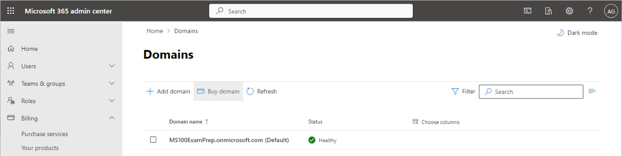 Figure 1.4 – Purchasing a domain through the Microsoft 365 admin center