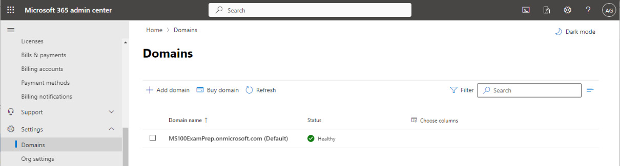 Figure 1.5 – Domains page of the Microsoft 365 admin center