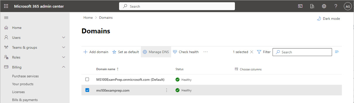 Figure 1.12 – Managing DNS settings for a domain