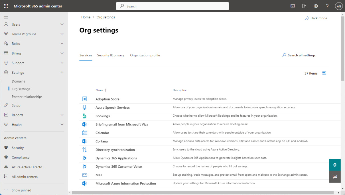 Figure 1.15 – Org settings in the Microsoft 365 admin center