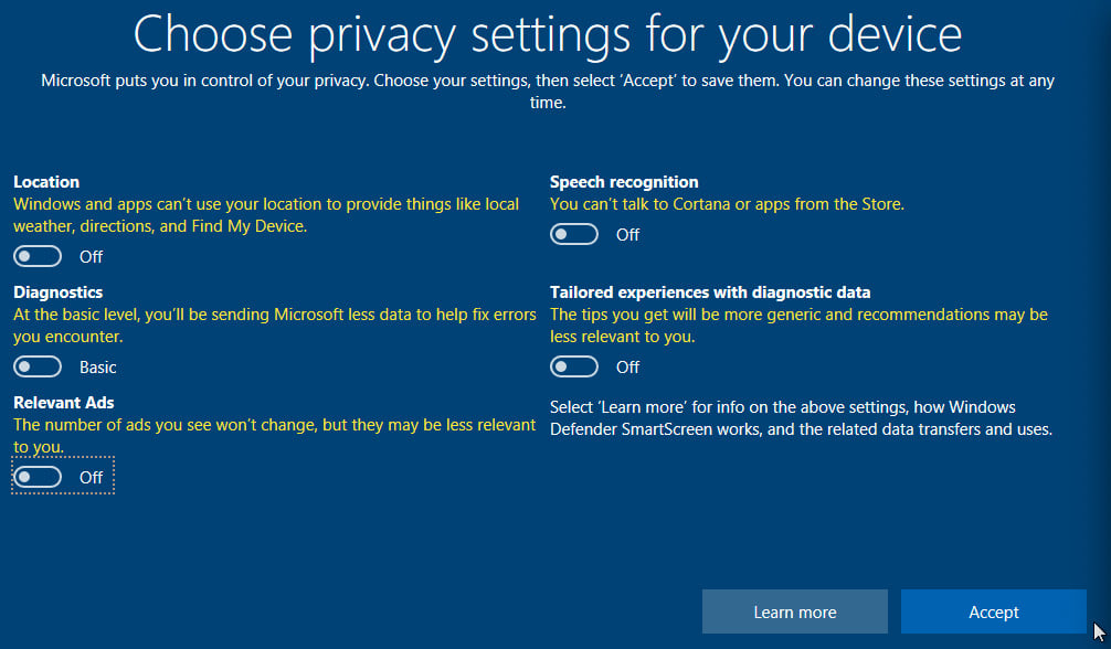 Figure 1.14 – Windows 10's privacy settings