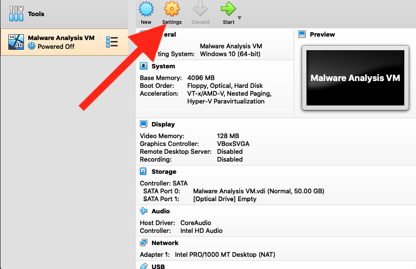 Figure 1.19 – VirtualBox's Settings button will take you to the Settings pane