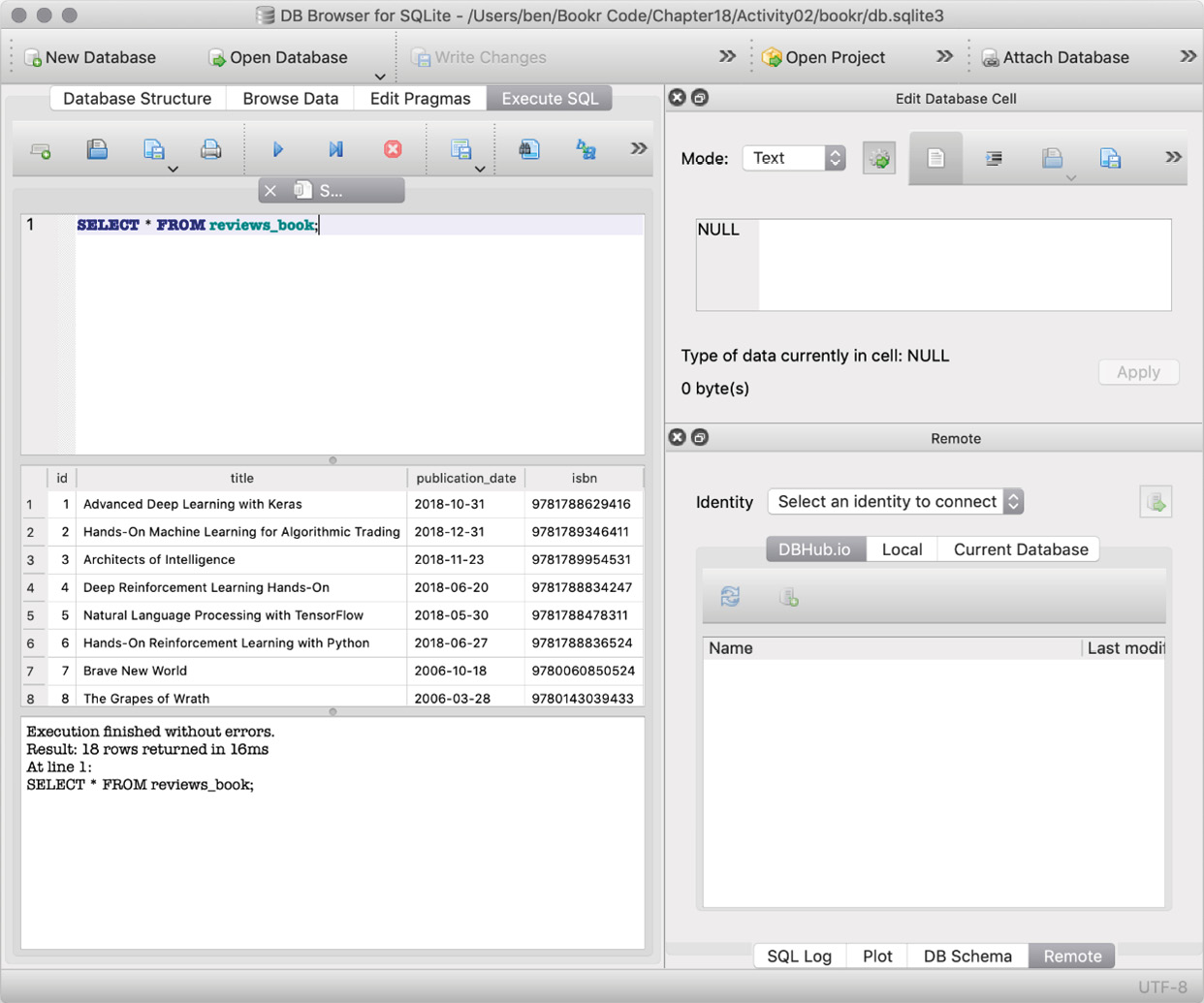 Figure 0.7: SQL command executed with the results showing
