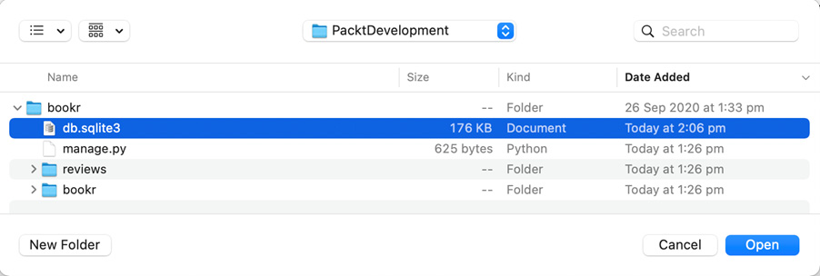 Figure 2.18: Locating db.sqlite3 in the bookr directory 
