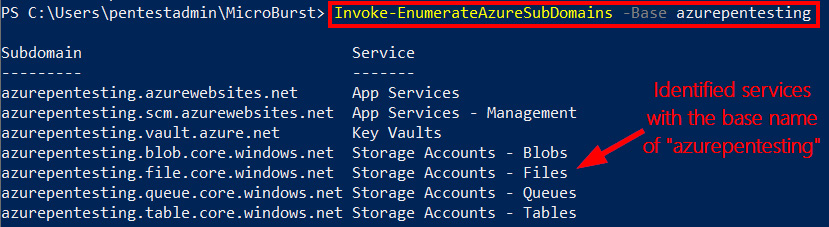 Figure 3.7 – MicroBurst enumerating services anonymously 