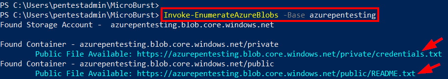 Figure 3.14 – Using MicroBurst to find public blob containers
