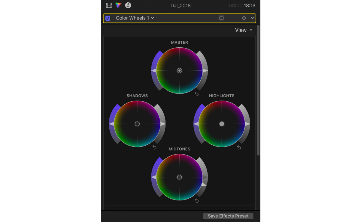 Figure 1.5: The Inspector has many faces; these are the Color Wheels in the Color tab