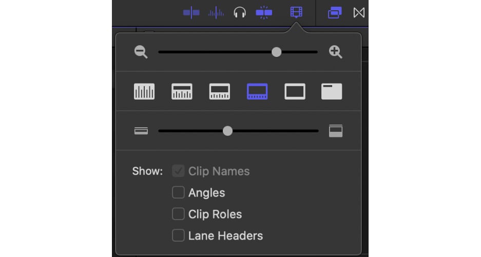 Figure 1.9: This popup lets you control the appearance of clips on your timeline — use ⌘minus and ⌘plus for zoom, and ⇧⌘minus and ⇧⌘plus for clip height