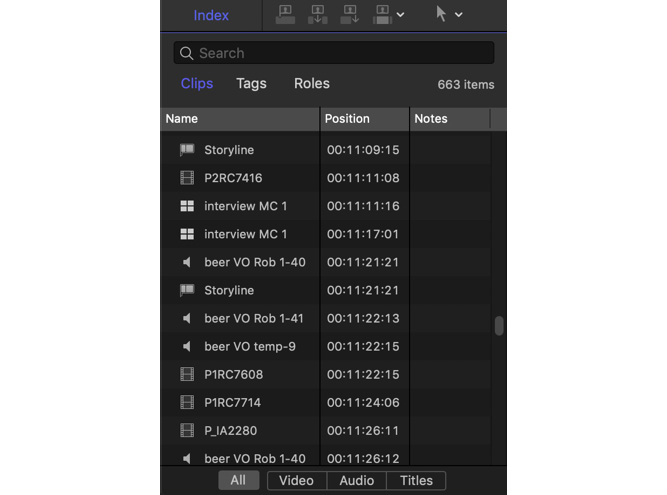 Figure 10.55: The Timeline Index, showing clips in the current timeline