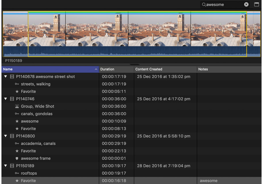 Figure 5.21: The word "awesome" can be found in Notes, clip names, Favorite names, and Markers