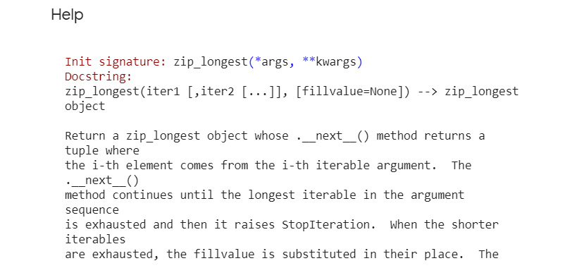 Figure 2.1: Help file for the zip_longest function
