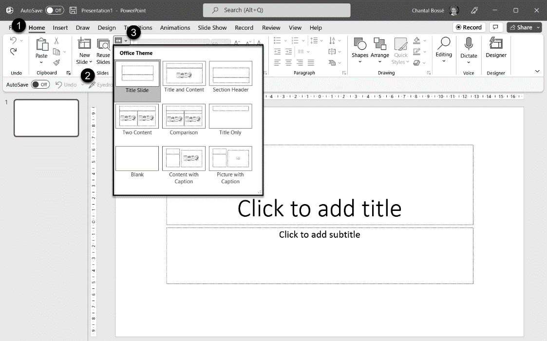 Figure 3.1 – Finding the Slide Layout button from the Home tab in PowerPoint