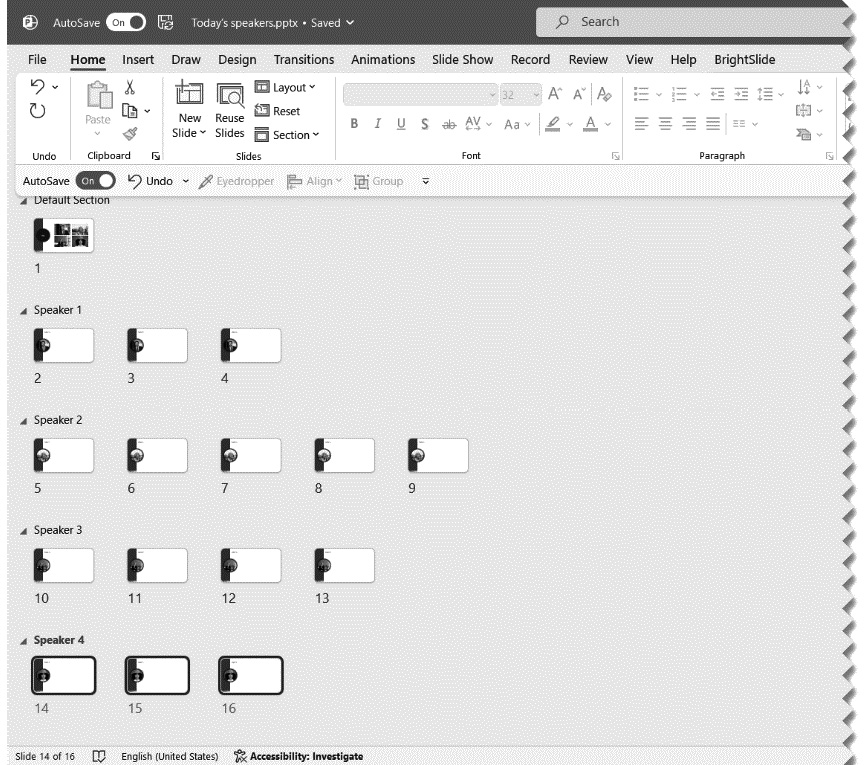 Figure 9.8 – Presentation in Slide Sorter view with four sections of speaker slides