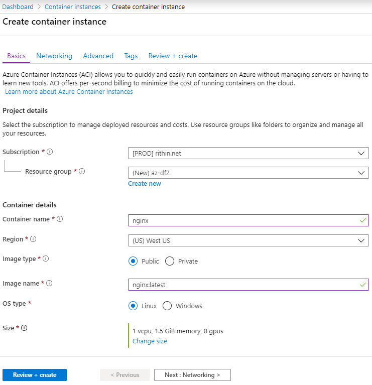 Creating a new container instance on the Azure Container Instances portal