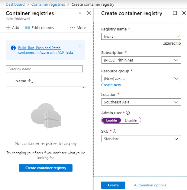 Container registry creation using the Azure portal